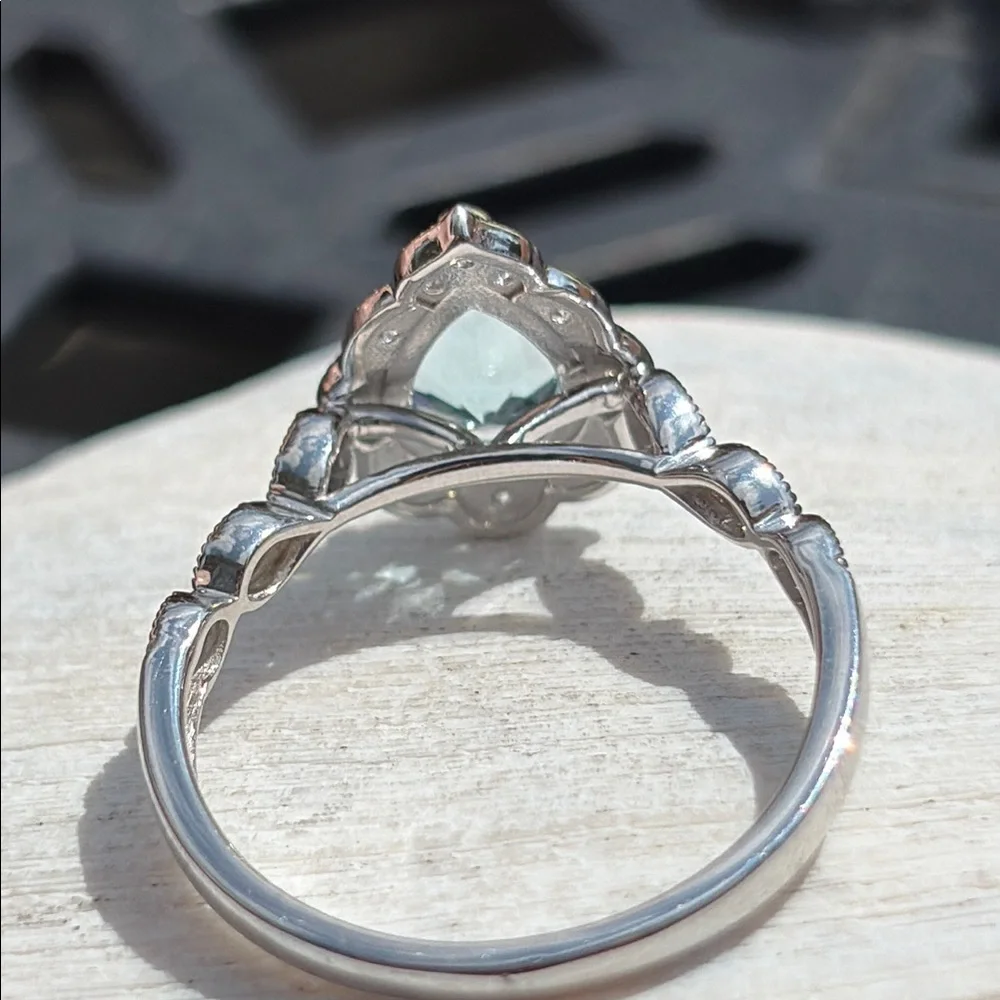 Pear Cut 1.25 tcw Genuine Aquamarine & Diamond Ring Sterling Silver Size 7